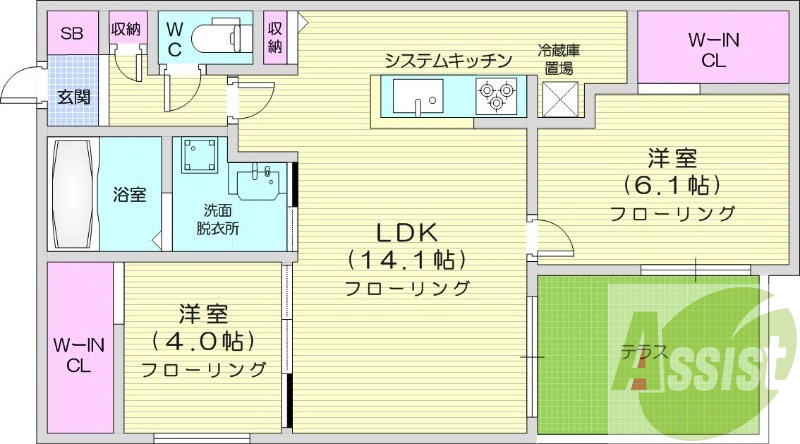 2ＬＤＫ、エアコン、都市ガス、システムキッチン