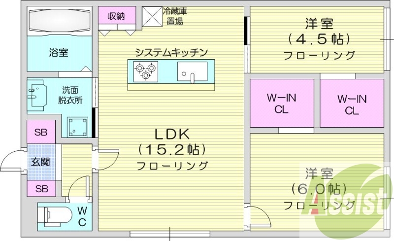2ＬＤＫ、エアコン、都市ガス、システムキッチン