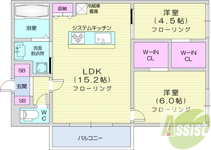 2ＬＤＫ、エアコン、都市ガス、システムキッチン