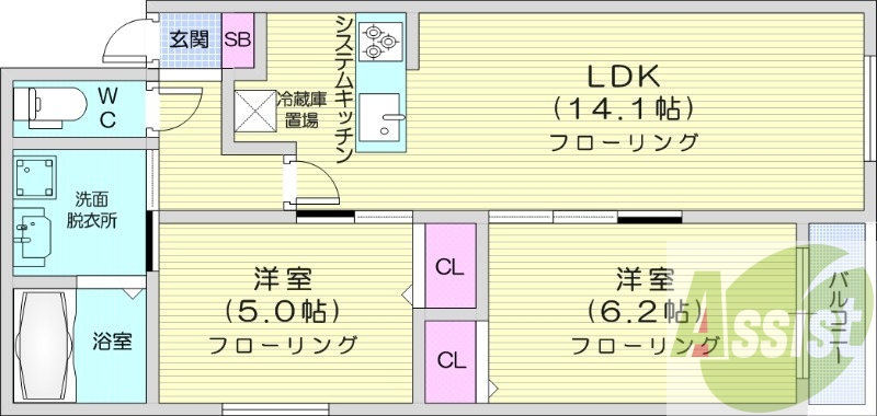 2LDK、エアコン、システムキッチン、独立洗面台、浴室乾燥機
