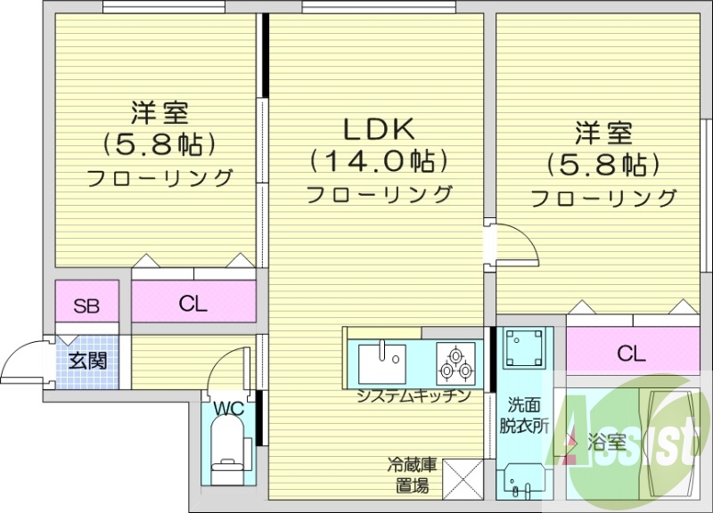 2LDK、エアコン、システムキッチン、独立洗面台、浴室乾燥機