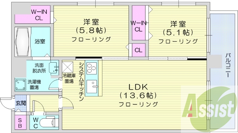 2LDK、オール電化、オートロック、最上階、角部屋、エアコン