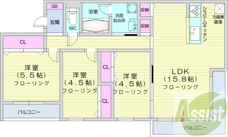 3LDK、エアコン、都市ガス、ペット飼育可能