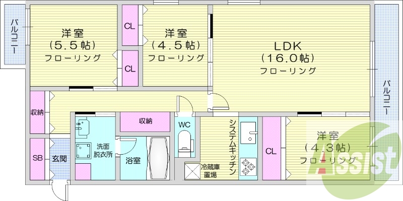 3LDK、エアコン、都市ガス、ペット飼育可能