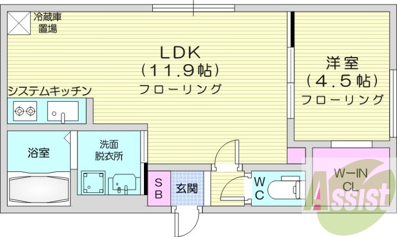 1LDK、エアコン、システムキッチン、ネット無料