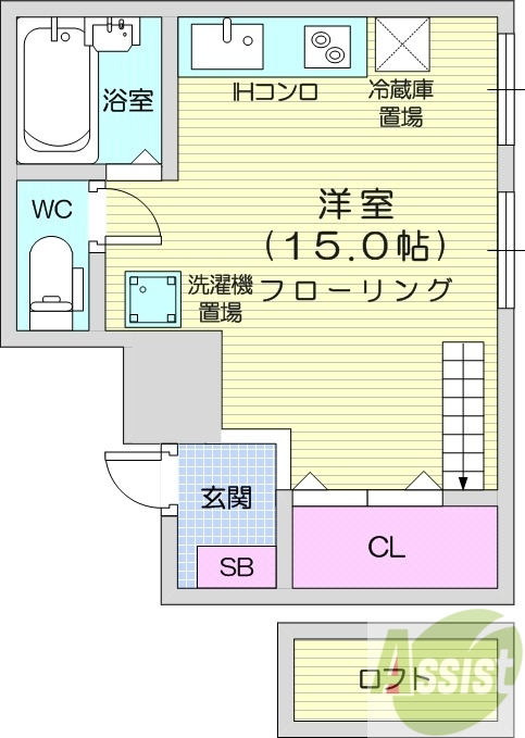 1R、オートロック、オール電化、バストイレ別