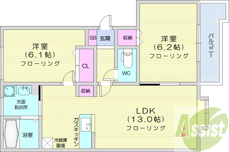 2LDK、洗髪洗面化粧台、灯油暖房、シャワートイレ