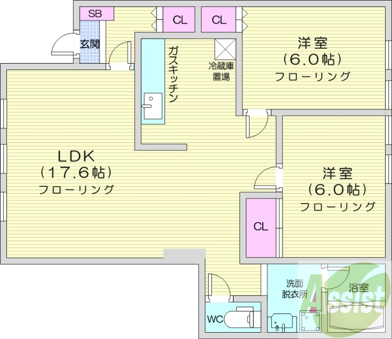 2LDK、エアコン、独立洗面台、灯油暖房