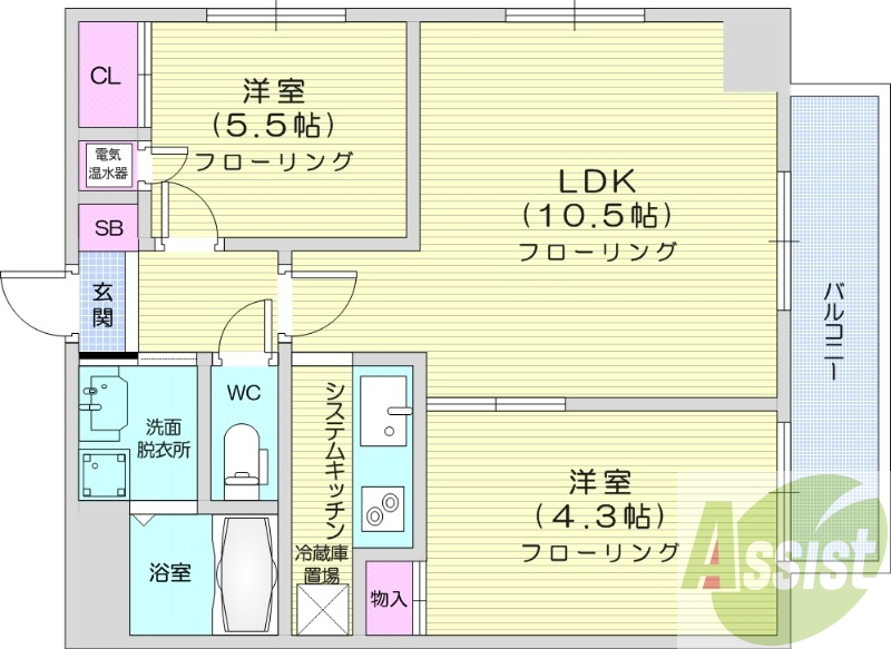 2LDK、エアコン、独立洗面台、IHクッキングヒーター