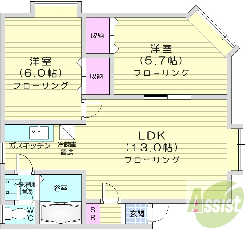 2LDK、バストイレ別、灯油暖房、室内洗濯機置場