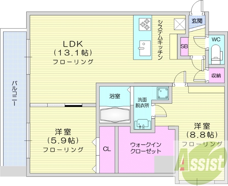 2LDK、都市ガス、エアコン、追い焚き、デザイナーズ
