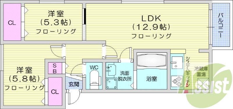 2LDK、エアコン、浴室乾燥機、独立洗面台、システムキッチン
