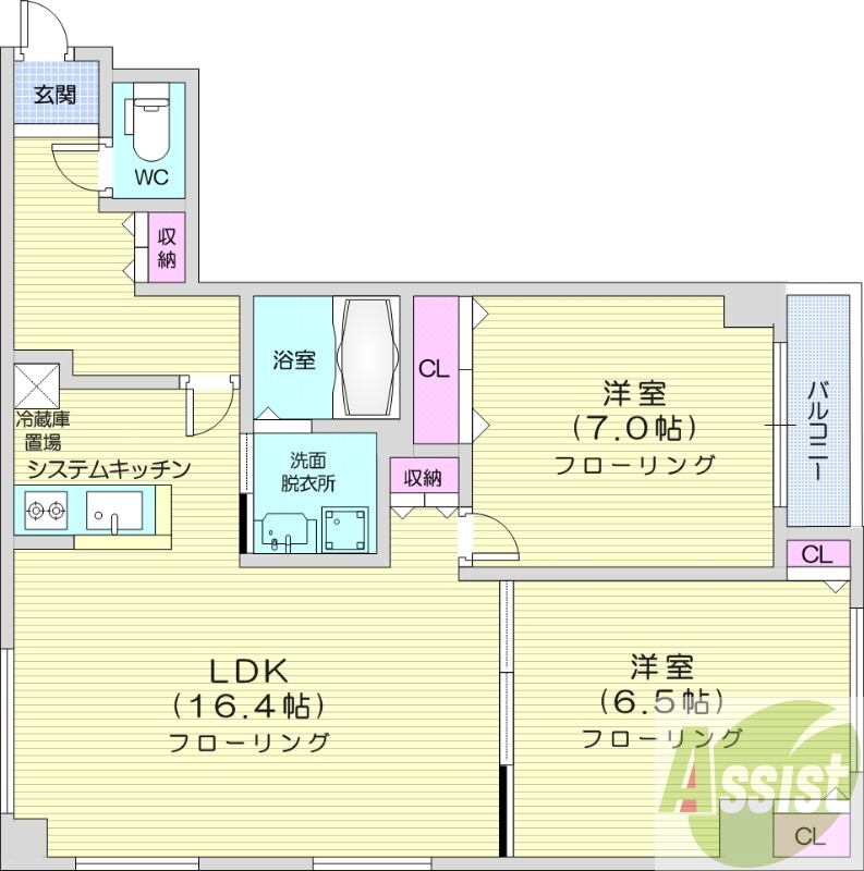 2LDK、ペット可、エアコン、システムキッチン、浴室乾燥機