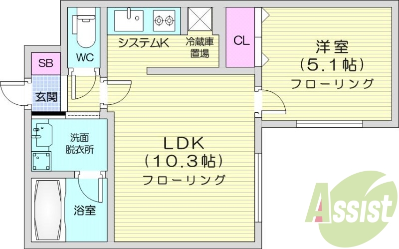 1LDK、エアコン、システムキッチン、独立洗面台