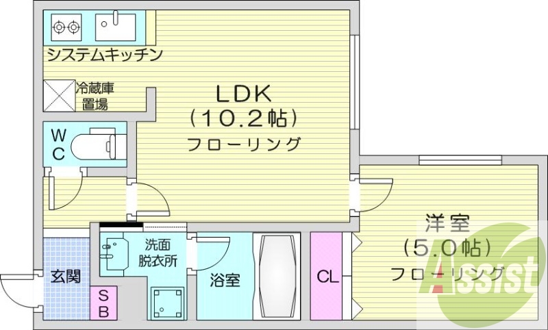 1LDK、エアコン、システムキッチン、独立洗面台