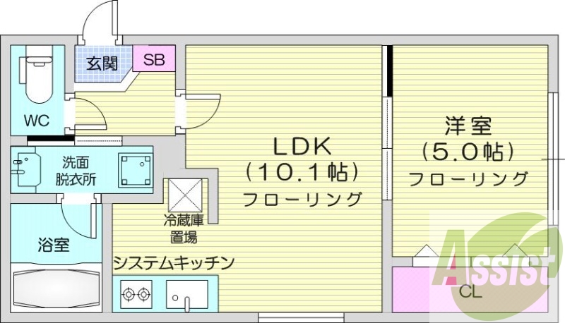 1LDK、エアコン、システムキッチン、独立洗面台