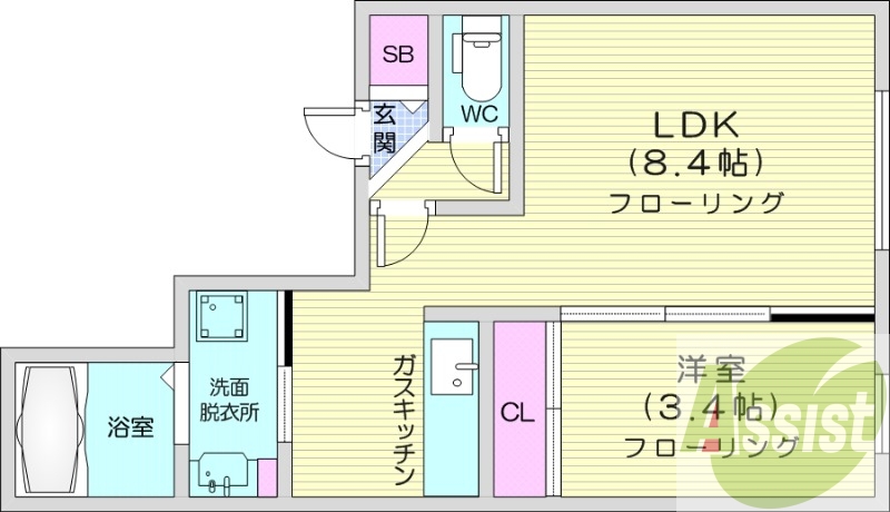 1LDK、エアコン、オートロック、独立洗面台