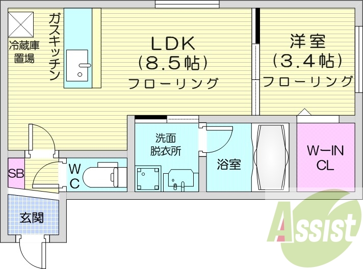 1LDK、エアコン、オートロック、独立洗面台