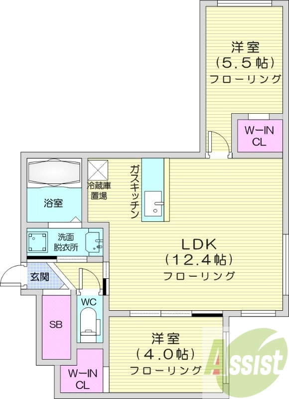2LDK、エアコン、オートロック、独立洗面台