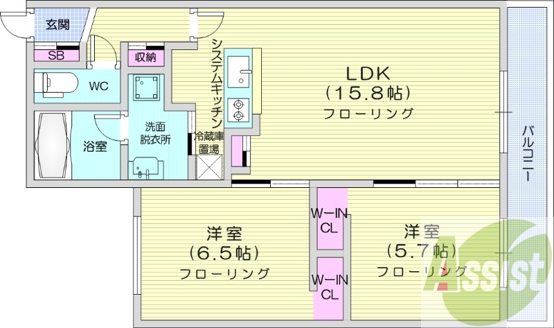 2LDK、エアコン、都市ガス、ペット飼育可能