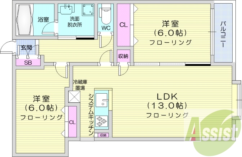 2LDK、エアコン、システムキッチン、独立洗面台、ネット無料