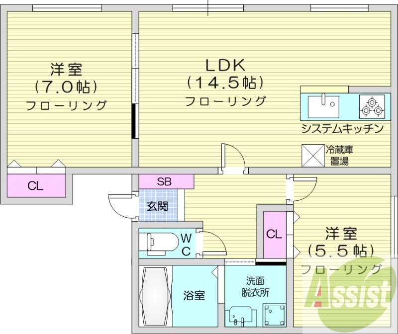 2LDK、エアコン、システムキッチン、独立洗面台、ネット無料