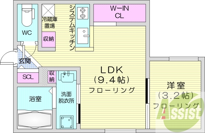 1LDK、エアコン、システムキッチン、独立洗面台