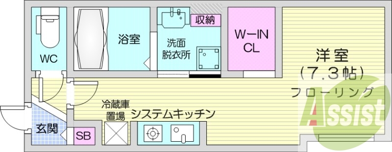 1K、エアコン、システムキッチン、独立洗面台