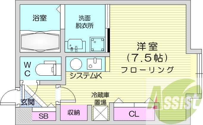 1K、エアコン、システムキッチン、独立洗面台