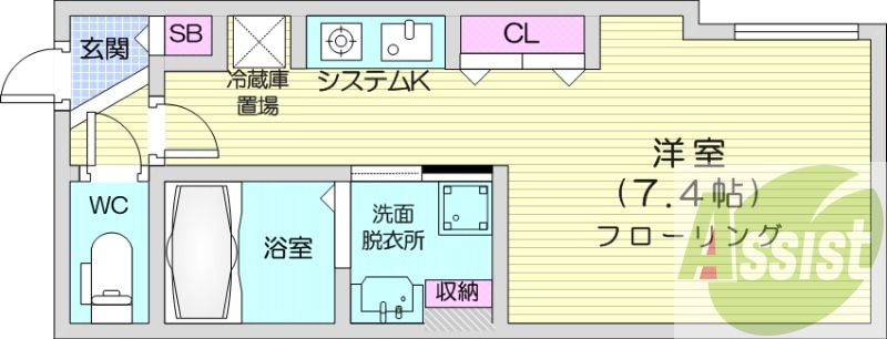 1K、エアコン、システムキッチン、独立洗面台