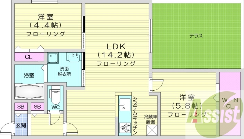 2LDK、エアコン、都市ガス、ペット飼育可