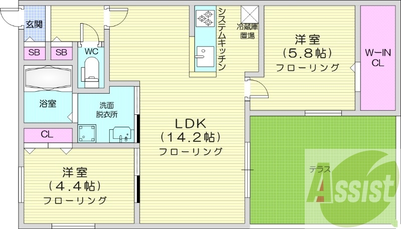 2LDK、エアコン、都市ガス、ペット飼育可