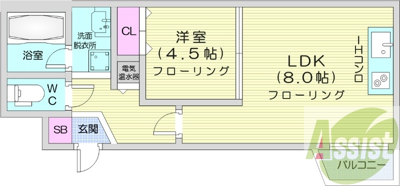 1LDK、収納、バストイレ別、洗面脱衣所、オール電化