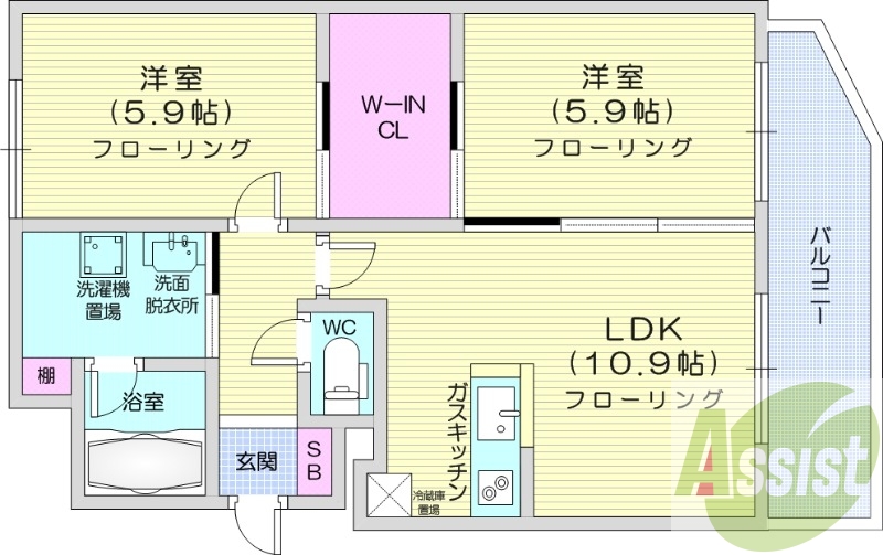 2LDK、収納、洗濯機置場、電気暖房、バストイレ別