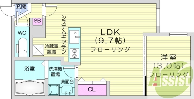 1LDK、エアコン、システムキッチン、独立洗面台