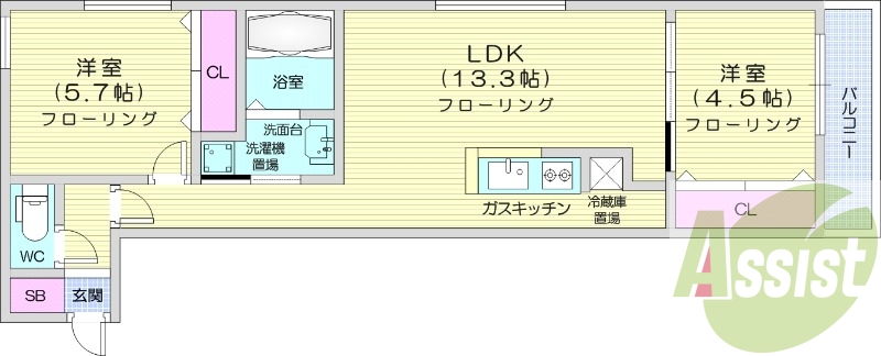 2LDK、都市ガス、ペット可、エアコン、ネット無料