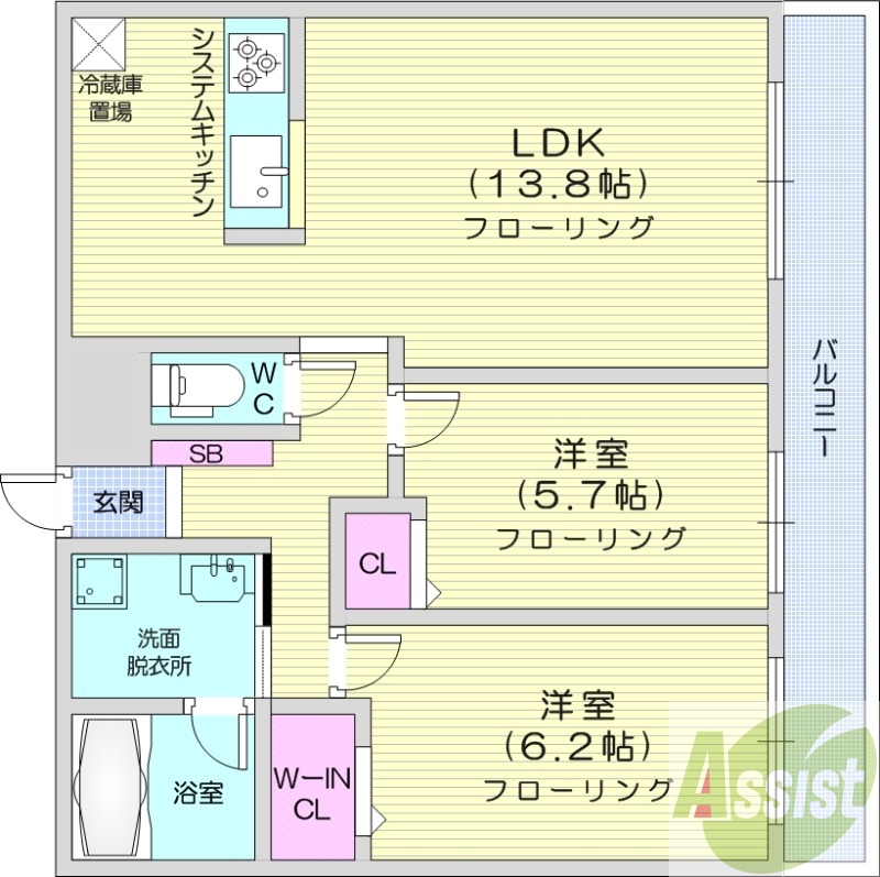 2LDK、都市ガス、追い焚き、ウォークインクローゼット