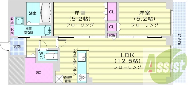 2LDK、エアコン、都市ガス、システムキッチン