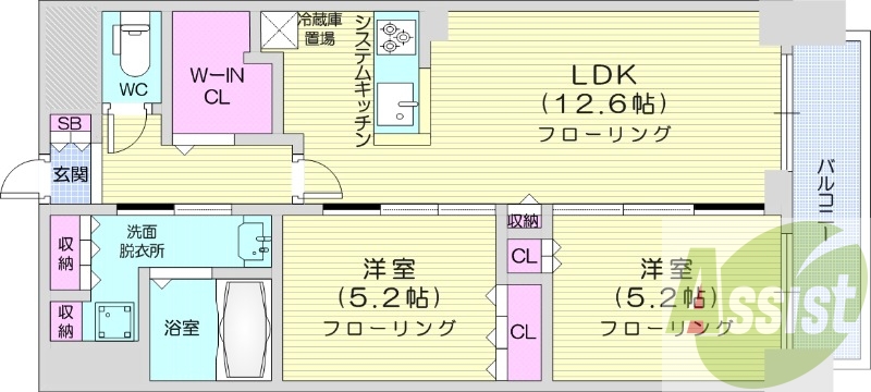 2LDK、エアコン、都市ガス、システムキッチン