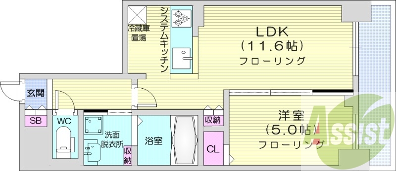 1LDK、エアコン、都市ガス、システムキッチン