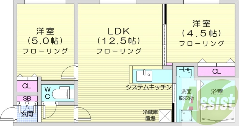 2LDK、エアコン、浴室乾燥機、シャワートイレ