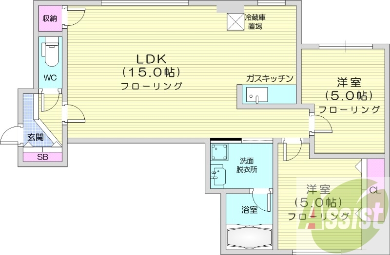 2LDK、エアコン、独立洗面台、ネット無料
