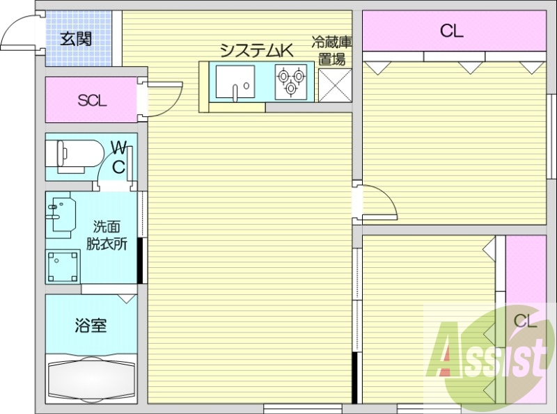 2LDK、エアコン、都市ガス、システムキッチン