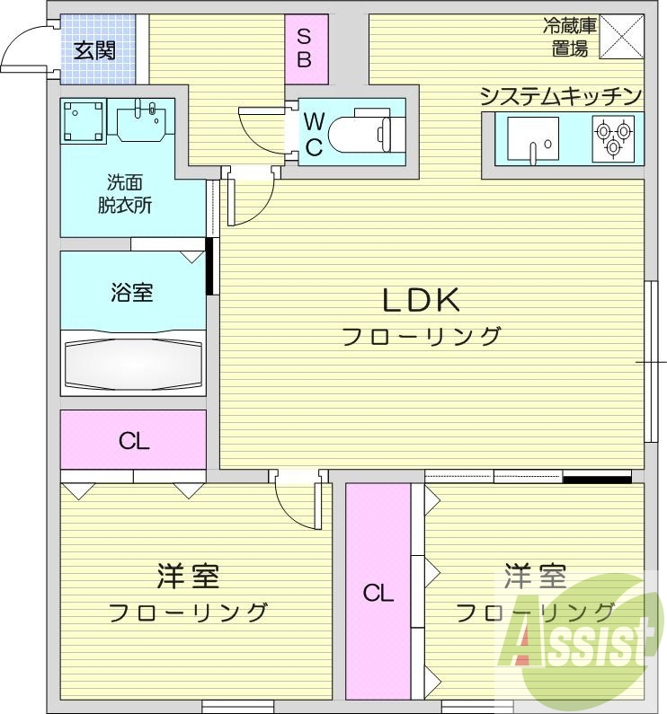 2LDK、エアコン、都市ガス、システムキッチン
