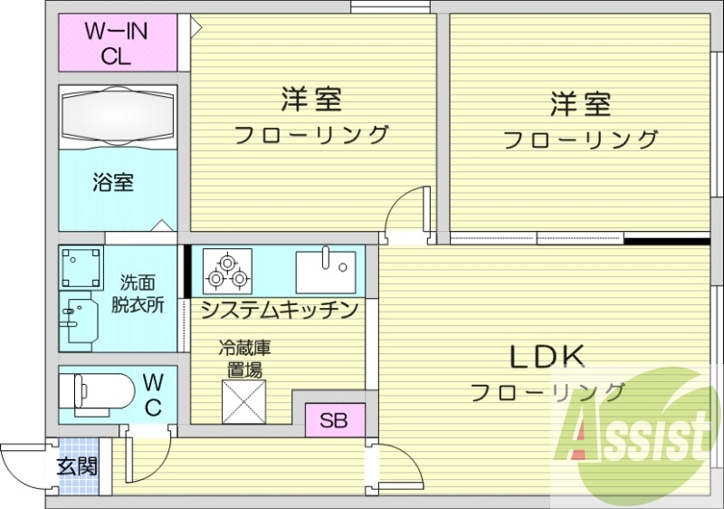 2LDK、エアコン、都市ガス、システムキッチン