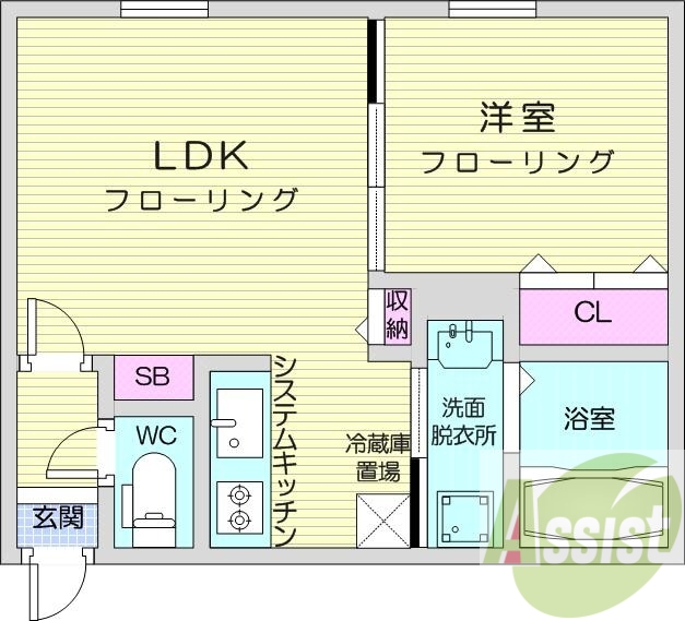 1LDK、エアコン、都市ガス、システムキッチン