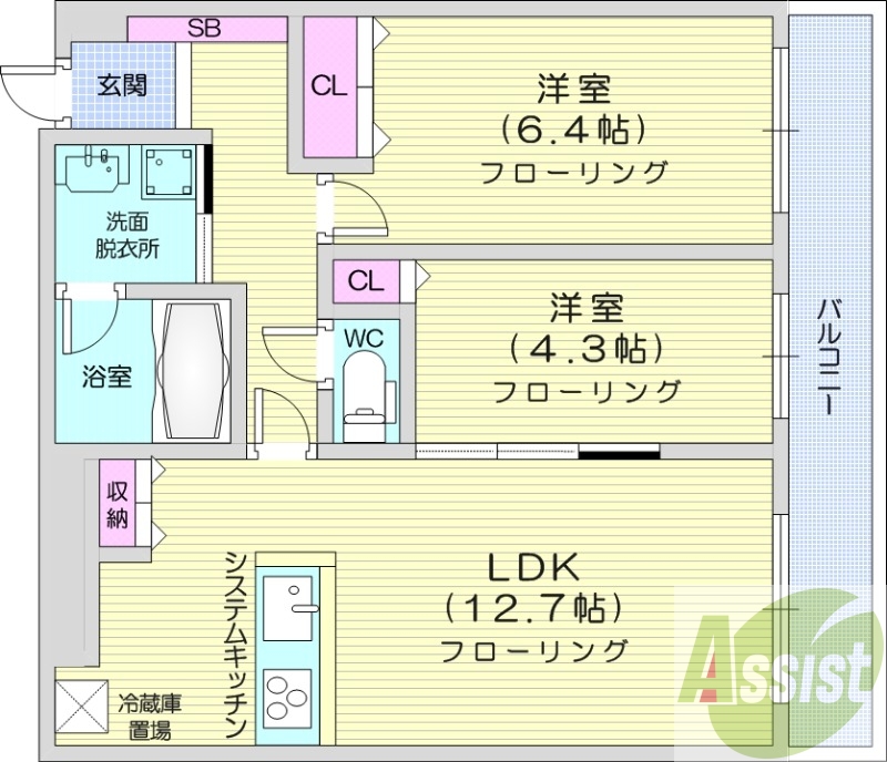 2LDK、エアコン、浴室乾燥機、都市ガス、システムキッチン