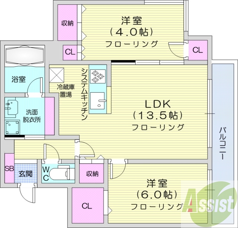 2LDK、エアコン、都市ガス、システムキッチン