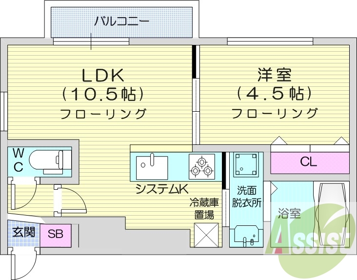 1LDK、エアコン、都市ガス、システムキッチン