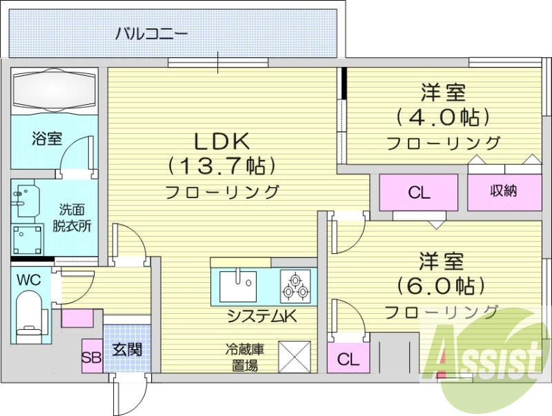 2LDK、エアコン、都市ガス、システムキッチン